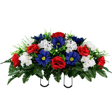 Sympathy Silks Artificial Cemetery Flowers – Realistic Vibrant Daisies, Outdoor Grave Decorations - Non-Bleed Colors, and Easy Fit -Red White Blue Rose Daisy