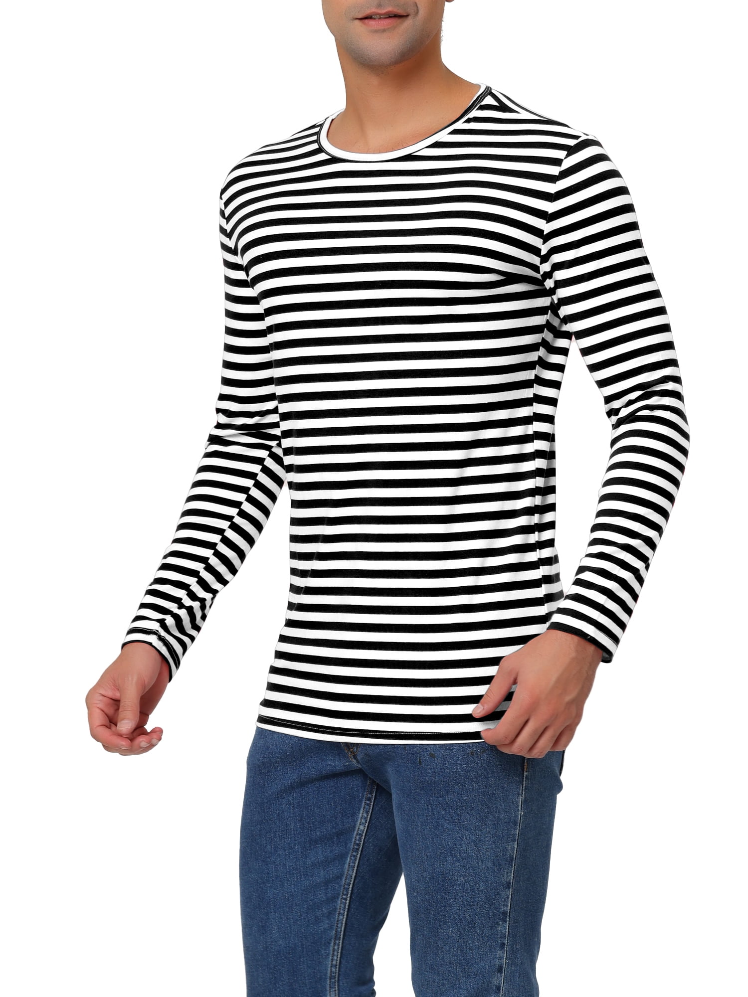 Unique Bargains Men's Long Sleeve Pullover Top Crew Neck Striped T-Shirts 38 White Blacks