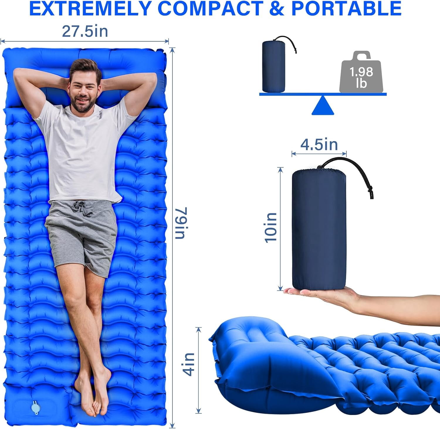 Double Sleeping Pad for Camping- Self Inflating 4" Extra-Thick with Pillow Built-in Foot Pump Inflatable Sleeping Mat for Backpacking, Hiking, Traveling, Tent, Portable Camping Mat