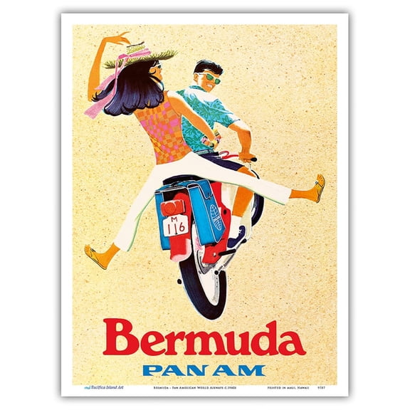 Bermuda - Couple on Scooter - Pan American World Airways - Vintage Airline Travel Poster c.1960s - Master Art Print (Unframed) 9in x 12in