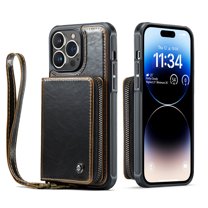 Decase Compatible with iPhone 14 Pro Max,Shockproof Zipper Wallet Case with RFID Card Holder Slot Wrist Strap Handbag Protective Leather Cover For iPhone 14 Pro Max, Coffee