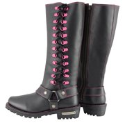 Milwaukee Leather Women's Black 14-inch Leather Harness Motorcycle Boots with Fuchsia Accent Lacing MBL9367 10