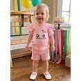 thumbnail image 6 of BemeyourBBs Toddler Baby Girl Birthday Outfit 1 2 3 4 Years Birthday Summer Clothes Casual Ballon Cake in Truck Letter Waffled Striped Ruffled Trim Short Sleeve T Shirt Tops and Shorts 2 Pcs Set, 6 of 9