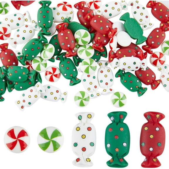 70Pcs Christmas Resin Charms Candy Cabochons Flatback Christmas Candy Beads No Hole Red Green White Sweets Flat Back Cabochon Bulk for Jewelry Making Supplies Scrapbooking Embellishments DIY