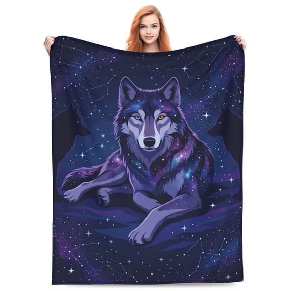 Wolf Blanket, Galaxy Starry Night Sky Celestial Wolf For Couch Sofa Bed, Constellation Decor, Office Nap Throw Accessory, All Season Travel Flannel Blanket 50x40