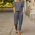thumbnail image 2 of vigerkar Women's Linen 2-Piece Set - Summer Short Sleeve T-Shirt & Pocket Pants Casual Outfit, Breathable Lounge Wear Grey, XL, 2 of 4