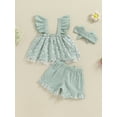 thumbnail image 4 of Bagilaanoe 3pcs Toddler Baby Girl Shorts Set Fly Sleeve Floral Print A-Line Tops + Shorts + Headband 6M 12M 18M 24M 3T 4T Kids Casual Summer Clothes, 4 of 7