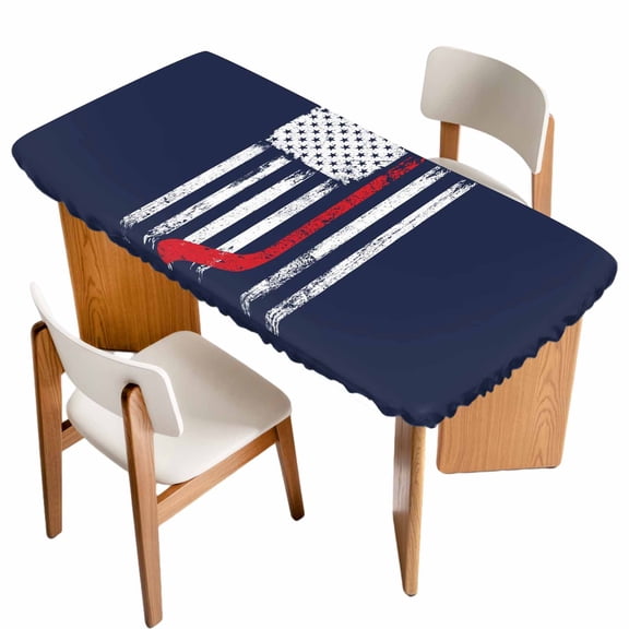 Navy Blue Hockey American Flag Table Cloths for 6 Foot Rectangle Tables, Vintage Abstract US Flag Patio Waterproof Elastic Fitted Tablecloths, Washable Rectangular Table Cover for Camping