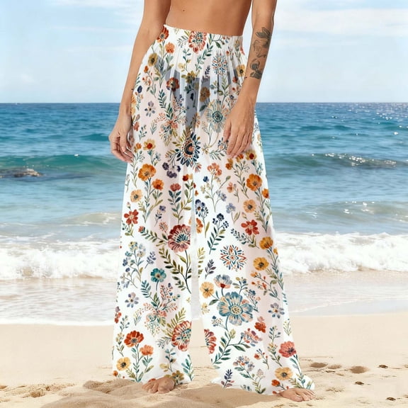 Xdegoge Beach Cover Ups for Women High Waisted Wide Leg Pants Swimwear Coverup Sheer Mesh Gradient Color Flowy Flattering Summer Vacation Bathing Suit