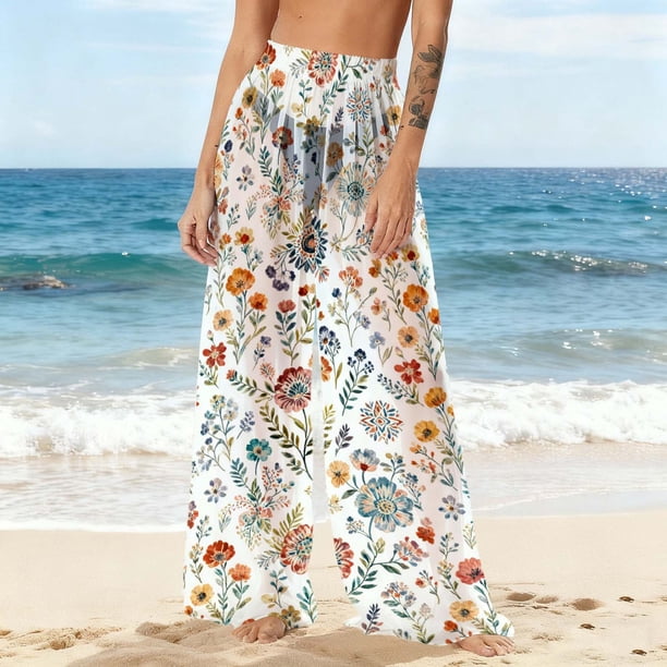 Pantalones de playa de gasa ligeros para mujer con protección solar, pantalones anchos de estilo bohemio estampados, blusa para mujer