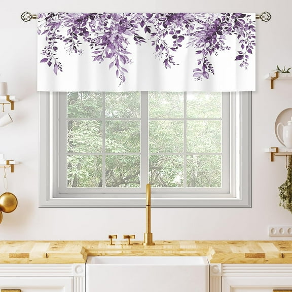 Purple Eucalyptus Botanical Leaves Valances Kitchen Curtains Watercolor Flower Window Drapes Floral Plants Botanical Wildflower Bedroom Bathroom Living Room Treatment Tier 1 Panel 52Wx18H Inch