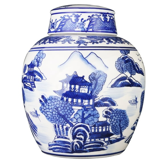 Chinese 9" Ginger Jar In Export Blue and White Porcelain Landscape