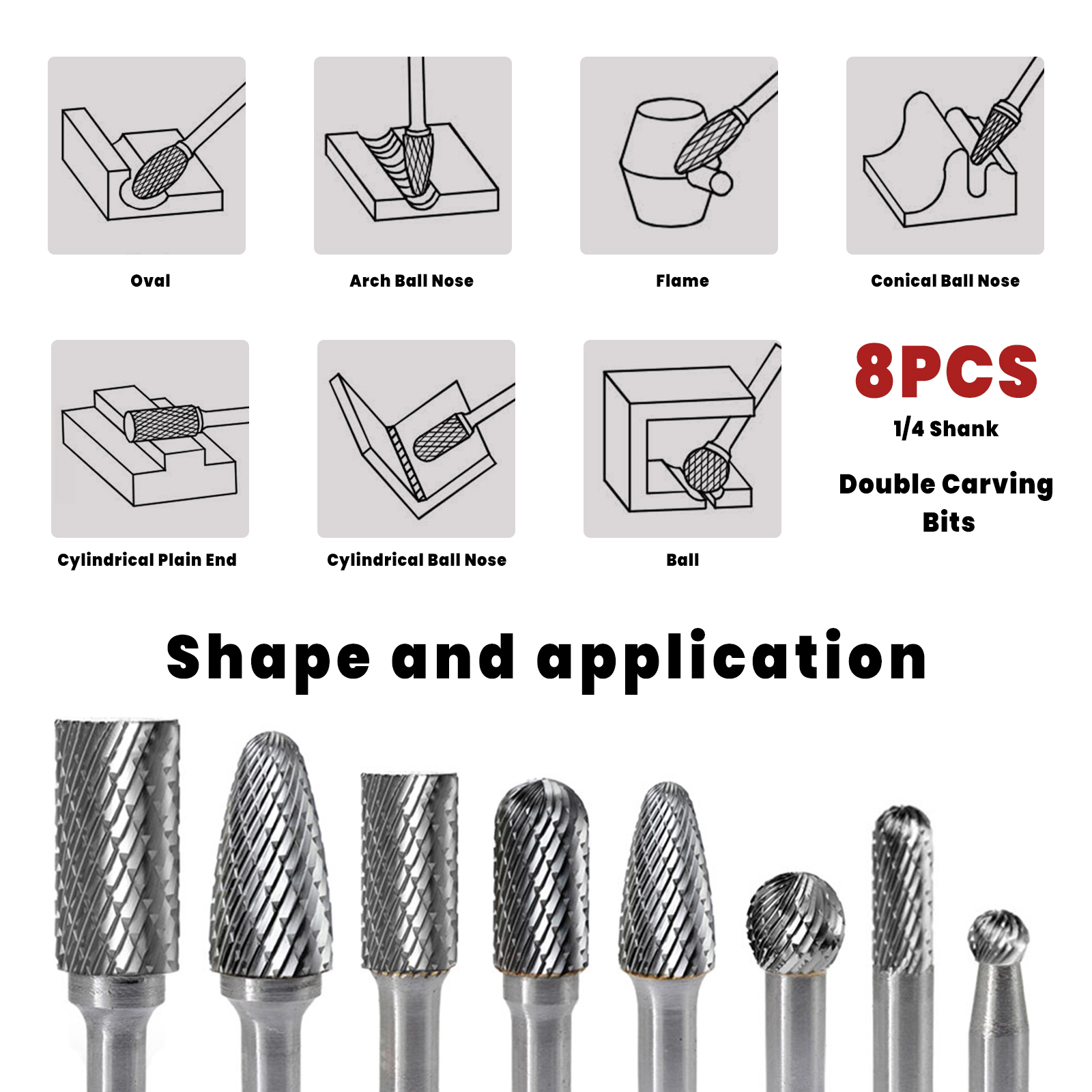 FindBuyTool  8pc 1/4" Carbide Burr Set - Double Cut-Die Grinder Bits for Woodworking, Metal Carving, Engraving, Drilling, Polishing