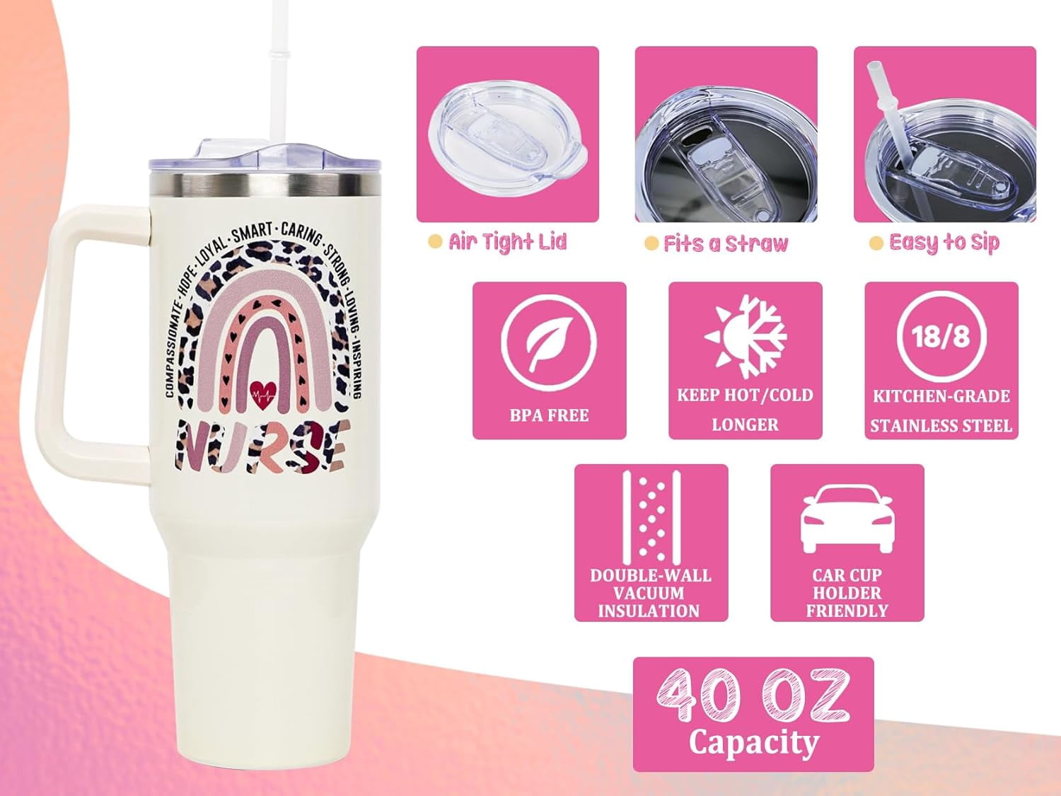 Nurse Gifts - Nurse Tumbler - Nurse Nutritional Facts Travel Coffee Mug Gift - 40oz Tumblers Nurse Gifts for Birthday, Christmas, Appreciation Week, Nursing School Graduation for Nurses