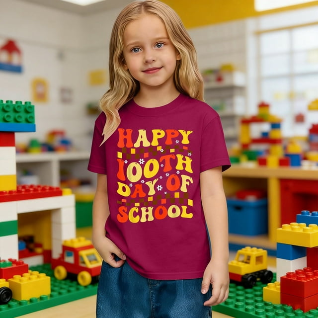Las niñas camiseta de manga corta - de vuelta a la escuela Casual de alta calidad camiseta de algodón suave, tamaños de 2-13 años, 14 colores, lindo diseño de 100 días de impresión gráfica