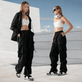 thumbnail image 4 of Women's Athletic Cargo Pants - High Waisted Wide Leg Windproof Hiking Pants with Drawstring for Outdoor Training & Streetwear Black S, 4 of 6