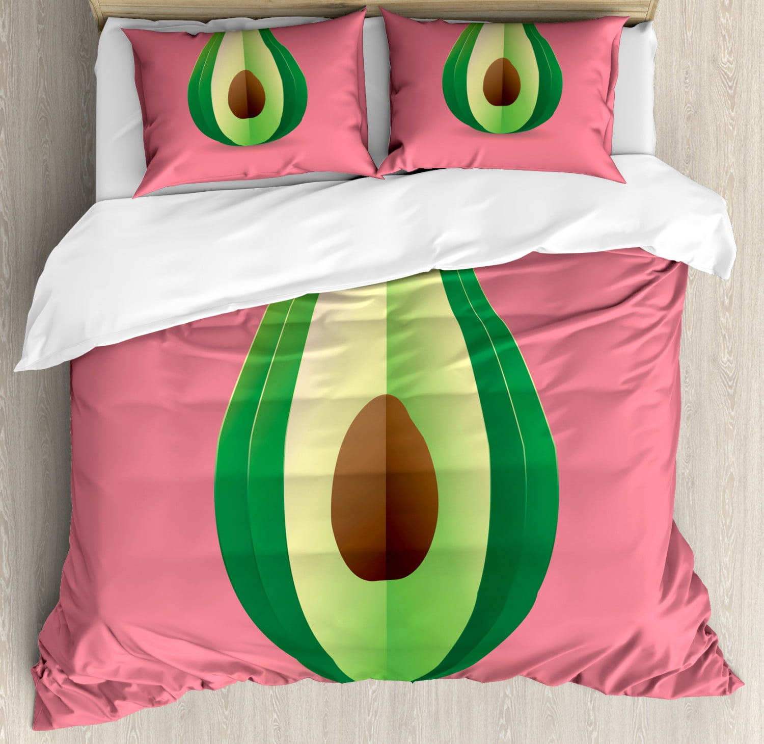 Avocado Queen Size Duvet Cover Set, Cut Out Slice of Fresh and Healthy