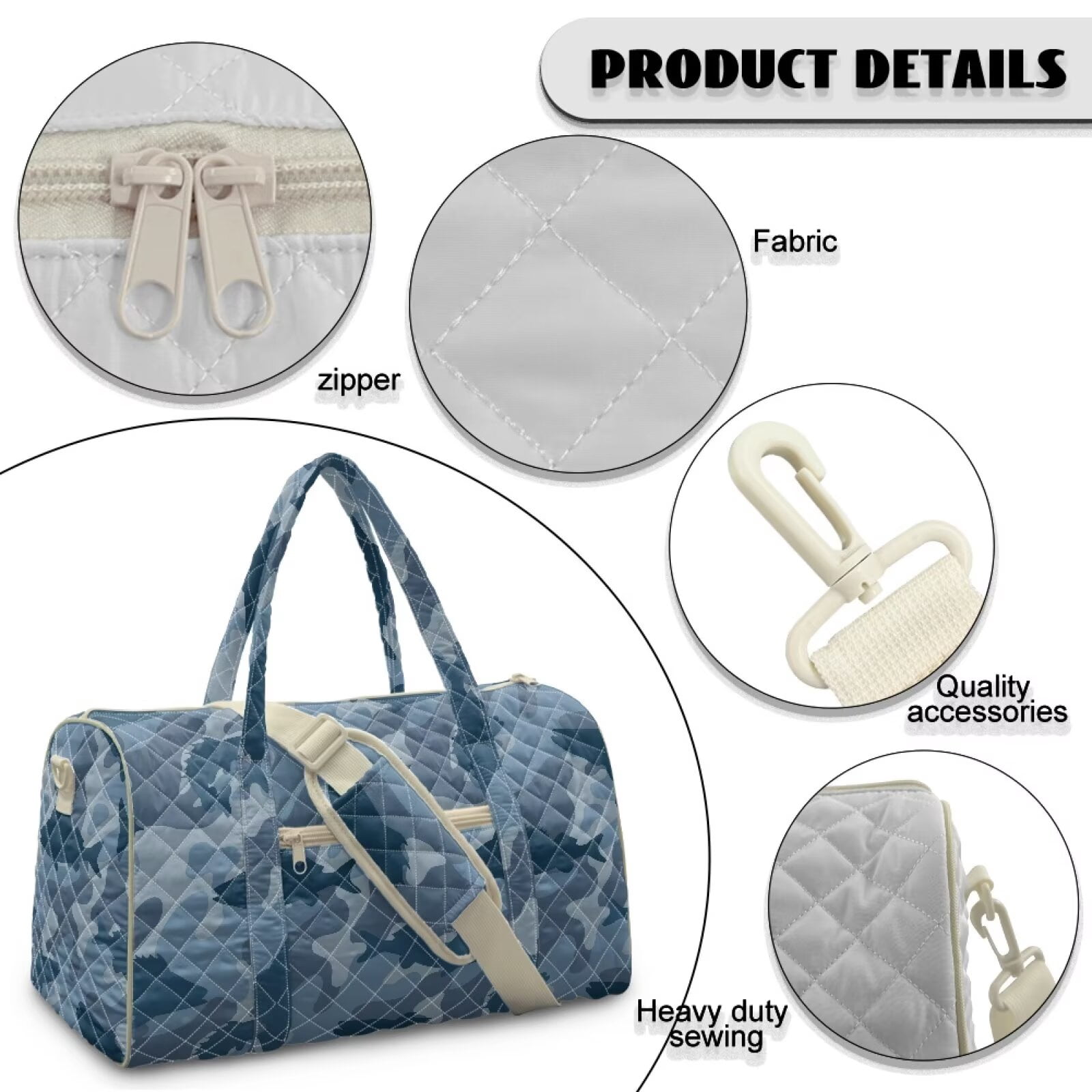 Garronmavis Large Blue Camo Quilted Duffle Bag for Women, Weekender Travel Carry On Bag with Zipper Pockets, Portable Gym Dance Overnight Tote Bag