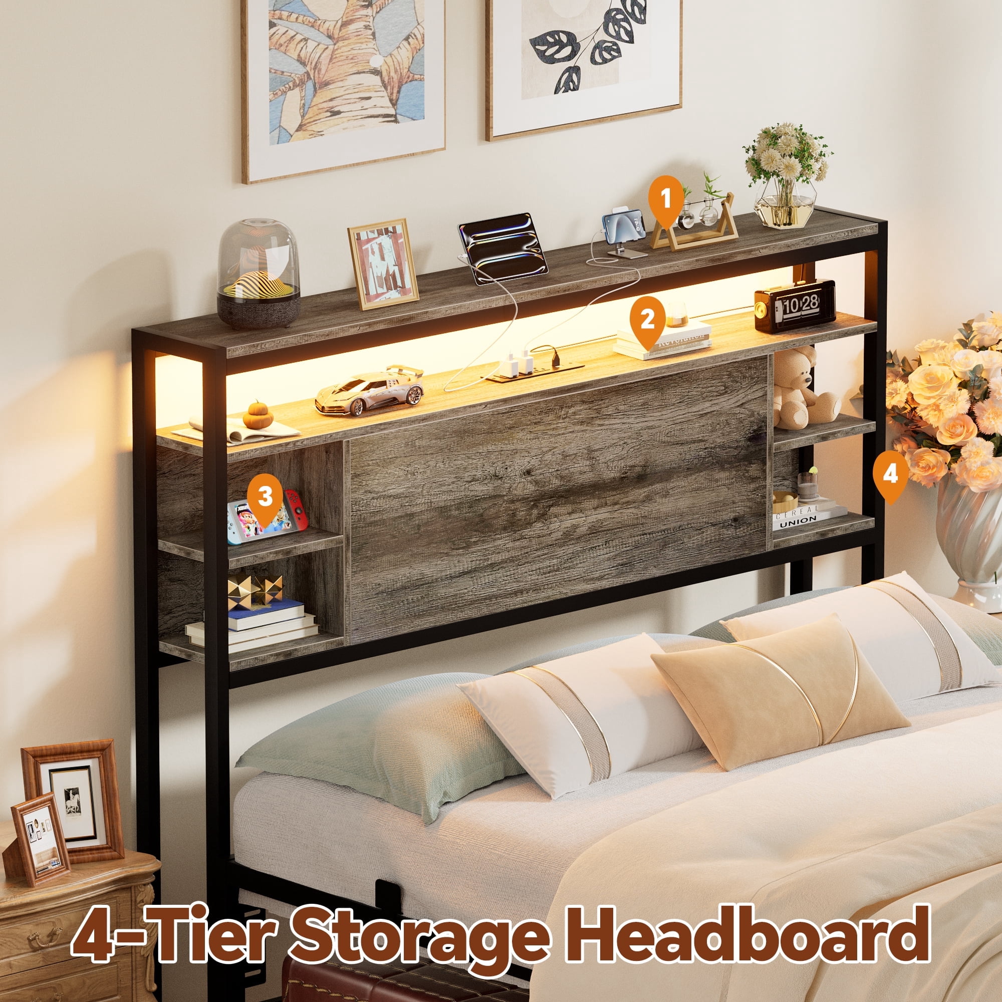 Homieasy Full Headboard with Storage, Headboards with Power Outlets and Smart LED Light, Sturdy Head Board for Full Size Bed, Black Oak
