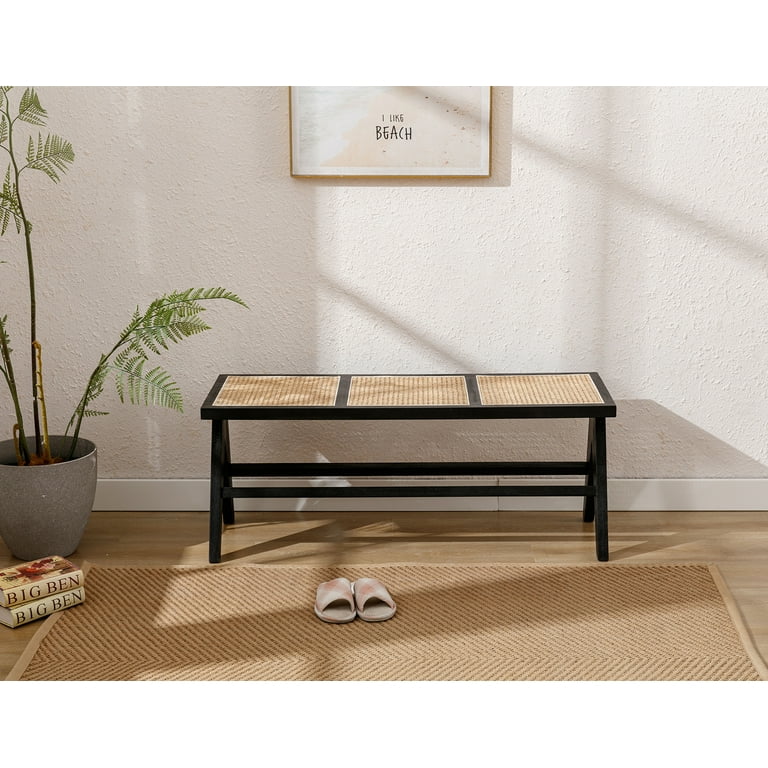 Dayalane Solid Wooden Rattan Ottoman Bench, Natural Furniture for