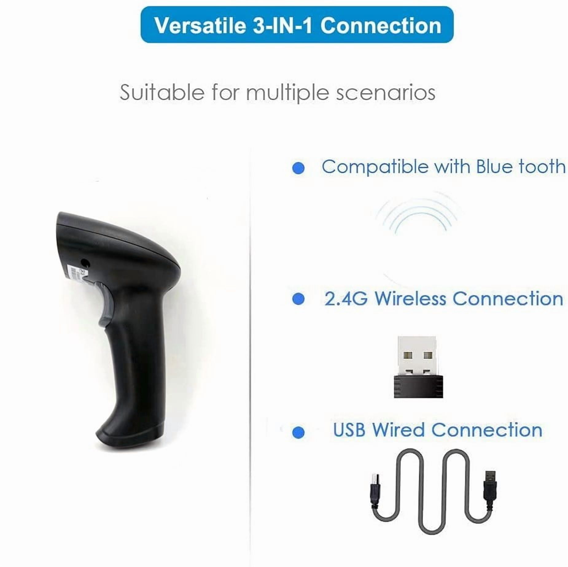 XIANJINO Fully Upgraded Wireless 2D QR Barcode Scanner with Stand, 3 in 1 Bluetooth & 2.4GHz Wireless & USB Wired, Connect Smart Phone Tablet PC, Image Bar Code Reader with Vibration Alert
