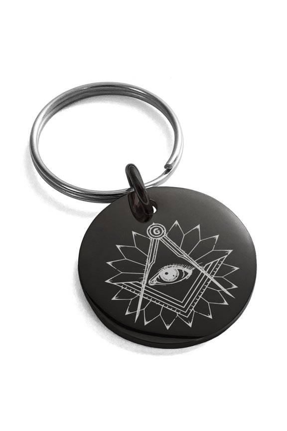 Stainless Steel Freemasons Masonic Lotus All Seeing Eye Engraved Small Medallion Circle Charm Keychain Keyring