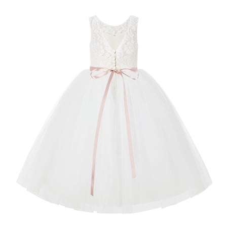 Ekidsbridal V-Back Ivory Lace Tutu Tulle Flower Girl Dress Graduation Communion Baptism Ceremonial Gown 212R4