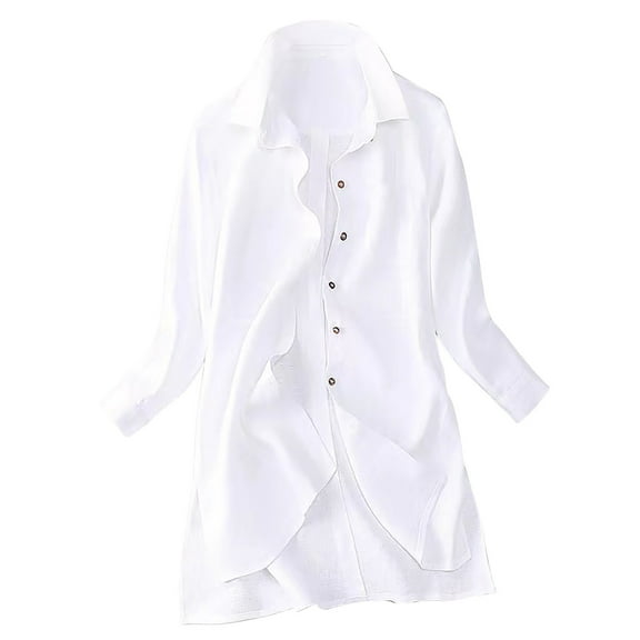 ICHUANYI 2023 Womens Cotton Linen Shirts Lapel Button Down Long Sleeve Blouses V Neck Casual Solid Loose Tops