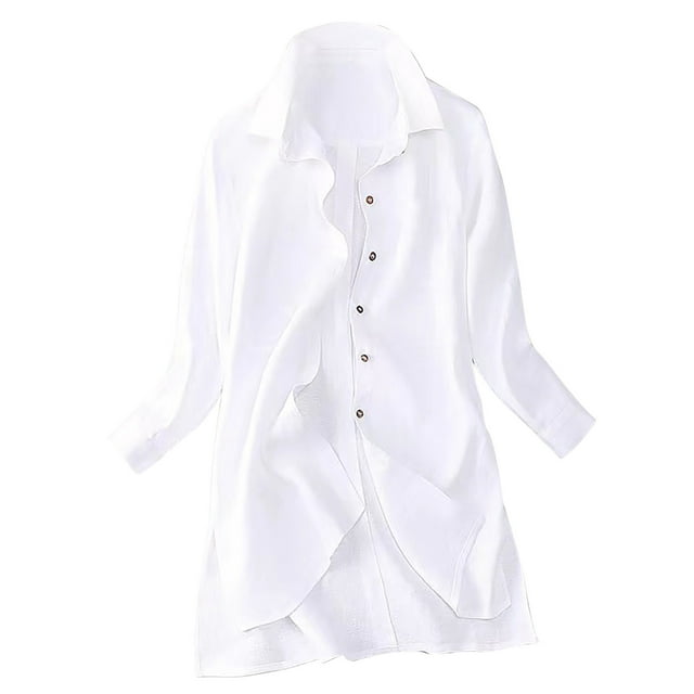 IROINID Chemise à Manches Longues Réduite pour Femmes Chemises en Coton pour Femmes Chemise en Lin Quotidienne Manches Retroussables Hauts Tunique à Boutons Poches Blouse, Blanc