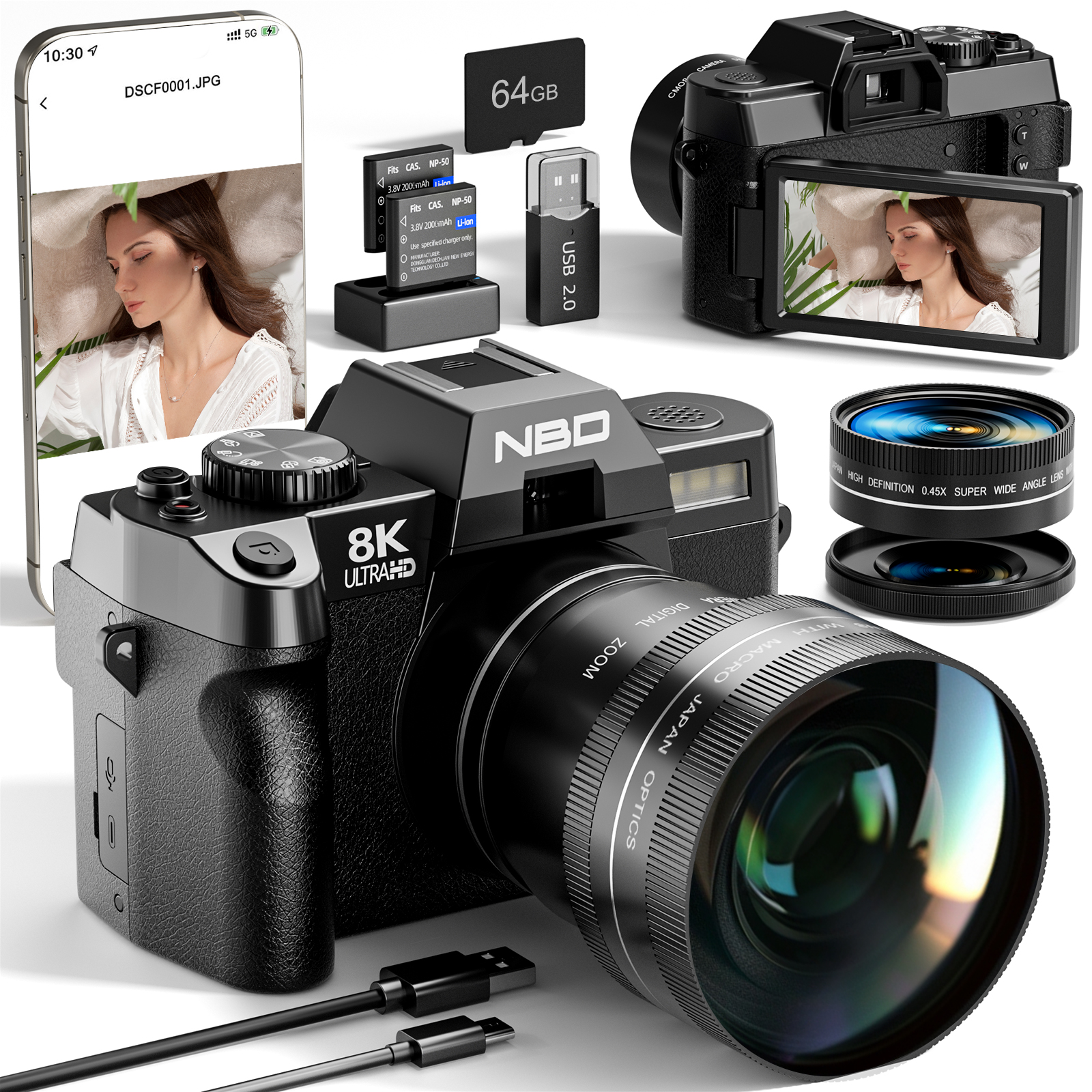 NBD Digital Camera 8K Ultra HD 64MP All-in-One Vlogging Camera with Wide Angle Lens, Digital Zoom 16x and 3" Screen