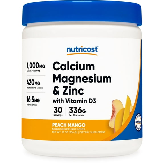 Nutricost Calcium Magnesium Zinc Citrates with Vitamin D3 Powder, 30 Servings (Peach Mango Flavor)