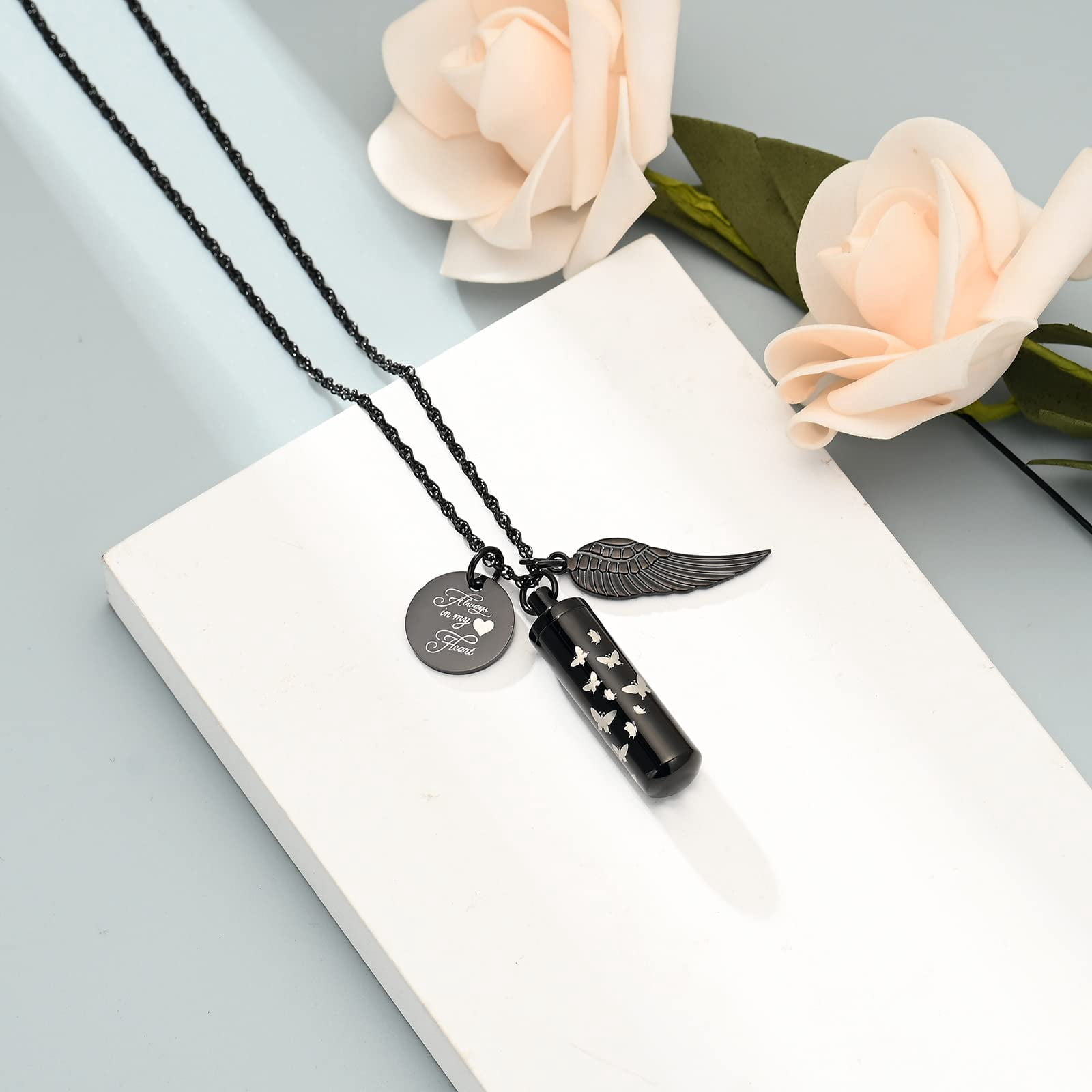 Personalize Cylinder Urn Ashes Necklace for Women Men Butterfly Cremation Jewelry Ash Loved One Memorial Angel Wing Pendant