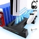 thumbnail image 1 of Estación de refrigeración vertical para consolas PS5 y PS5 Slim con carga rápida para dos mandos y ventilador, 3 puertos USB, 14 ranuras para juegos y 2 soportes para auriculares, 1 of 7