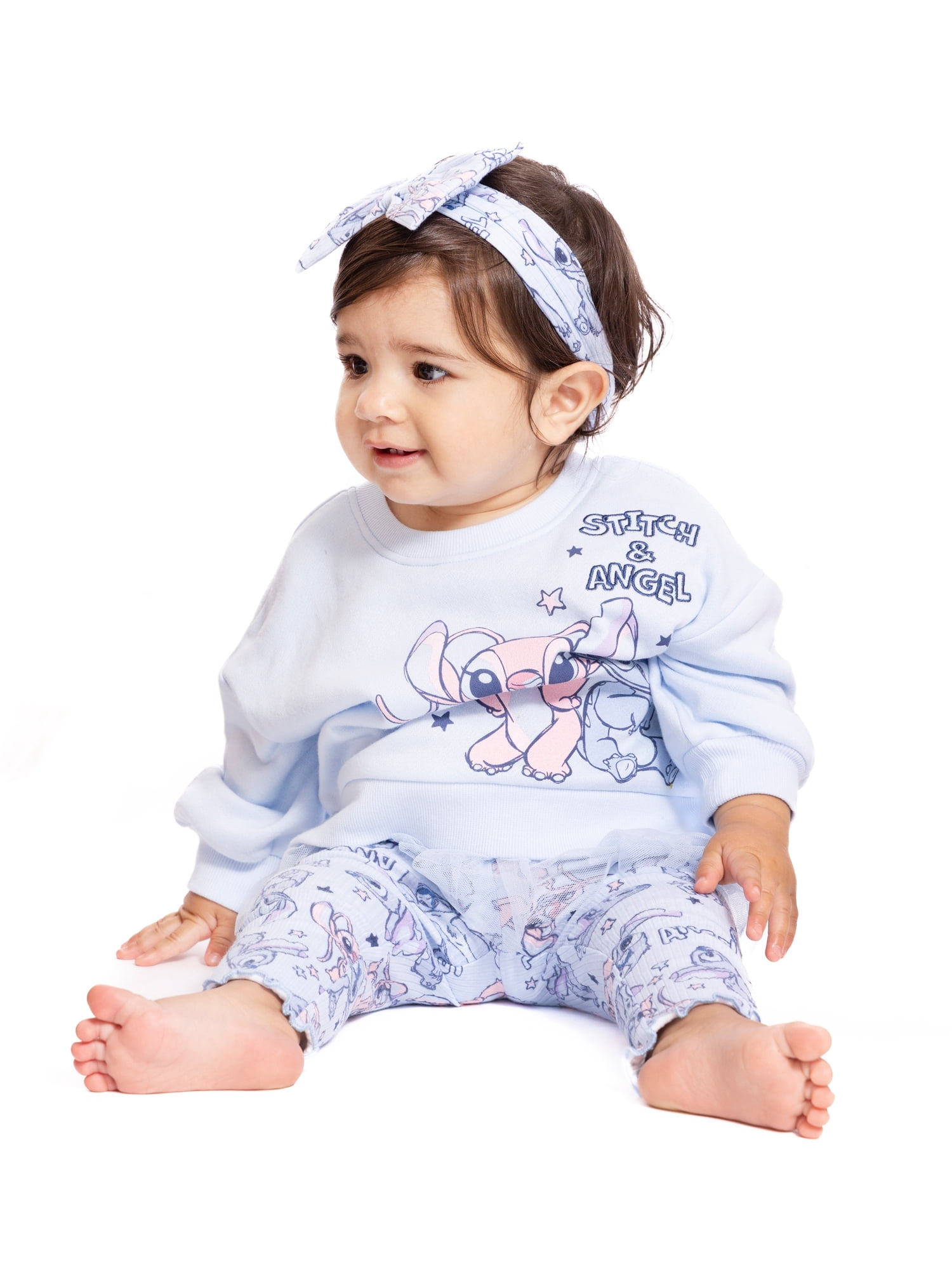 Stitch Baby Girls Graphic Tulle Sweatshirt and Printed Leggings with Bow Headband Set, 3-Piece, Sizes 0/3M-24M