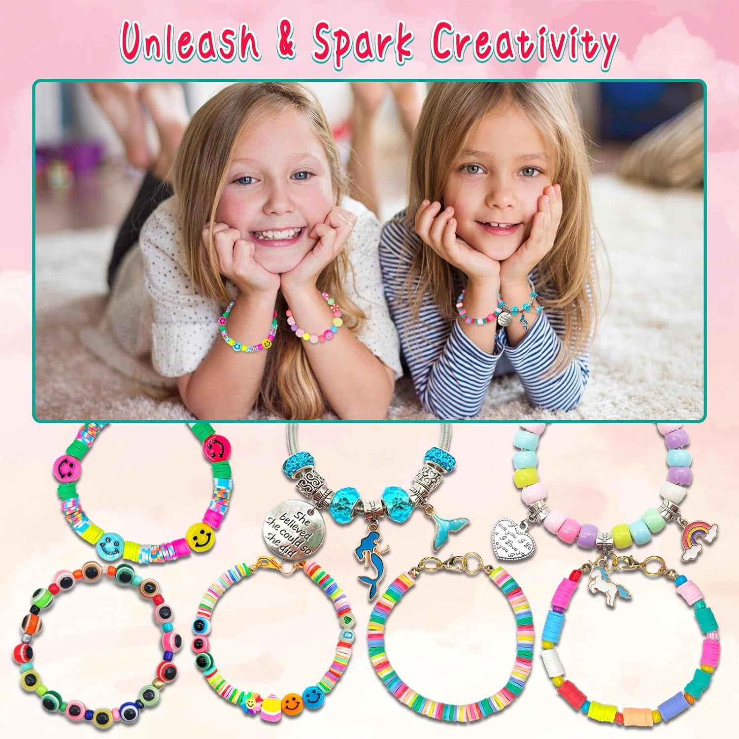 1080Pcs Toy Bracelet Making Set Multicolor Pendant Jewelry Making Set Supplies Easter Basket Gifts Unicorn/Mermaid Crafts Birthday Gifts