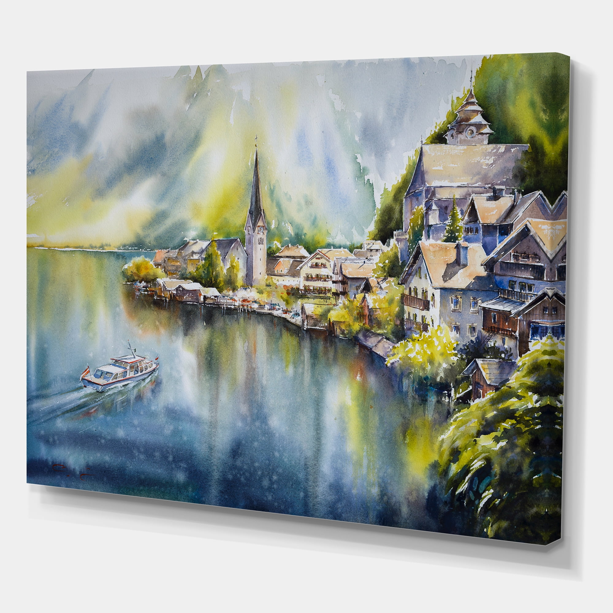 Designart ' The River In Austria Through Mountain Village ' Nautical & Coastal Canvas Wall Art Print