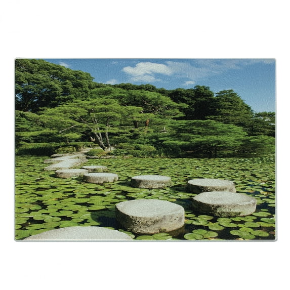 Peace Cutting Board, Stone Path in Japanese Garden Lake with Lotus Leaves Nature Scenery, Decorative Tempered Glass Cutting and Serving Board, Small Size, Lime Green Sky Blue, by Ambesonne
