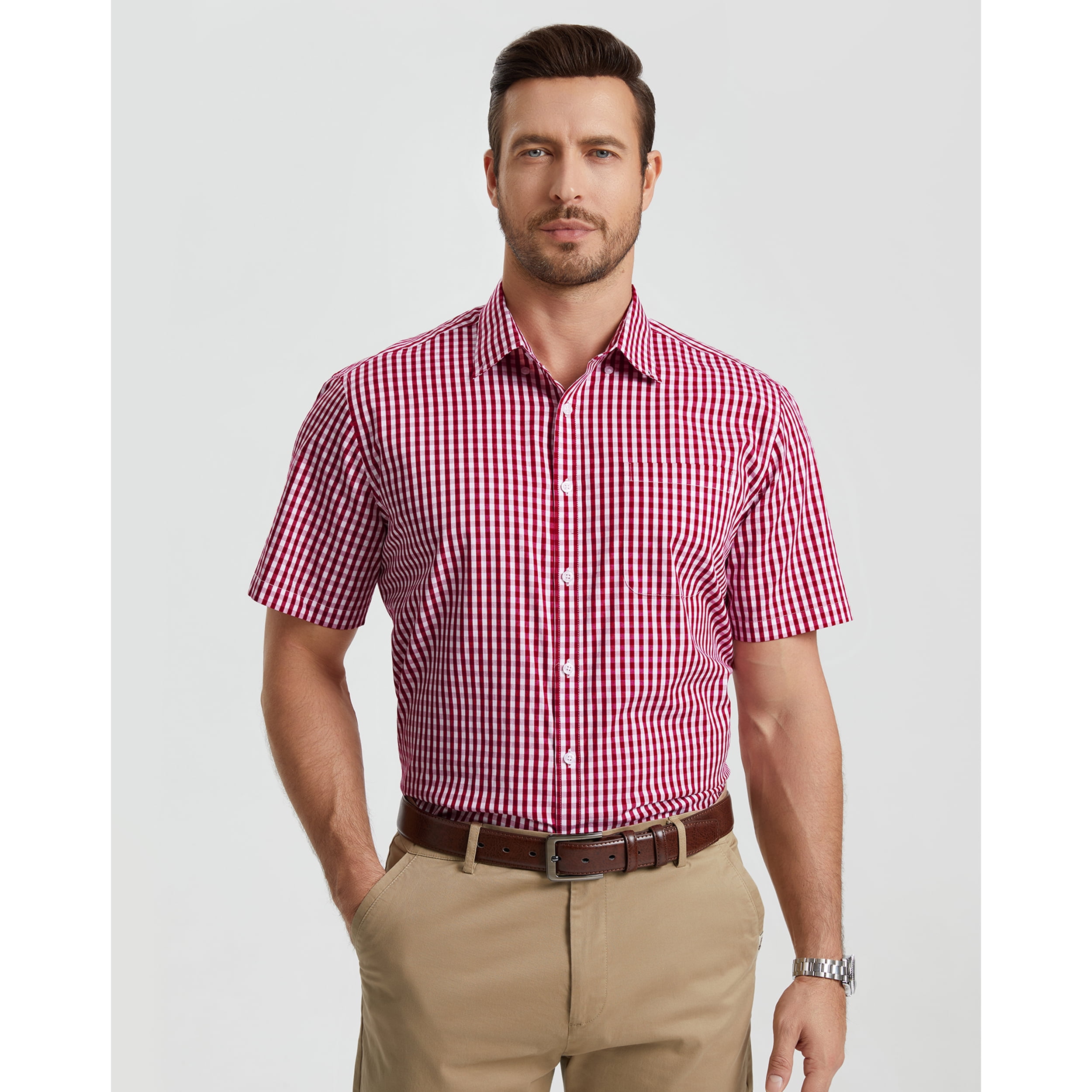 Mens Plaid Shirts Short Sleeve Summer Button Down Shirt Formal Business Work Red Shirts with Pocket