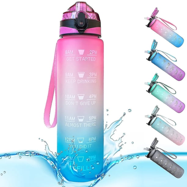 Botella de agua deportiva con marcas de tiempo de 1 litro y botellas con pajitas, botella de agua que se abre, adecuada para hacer ejercicio al aire libre