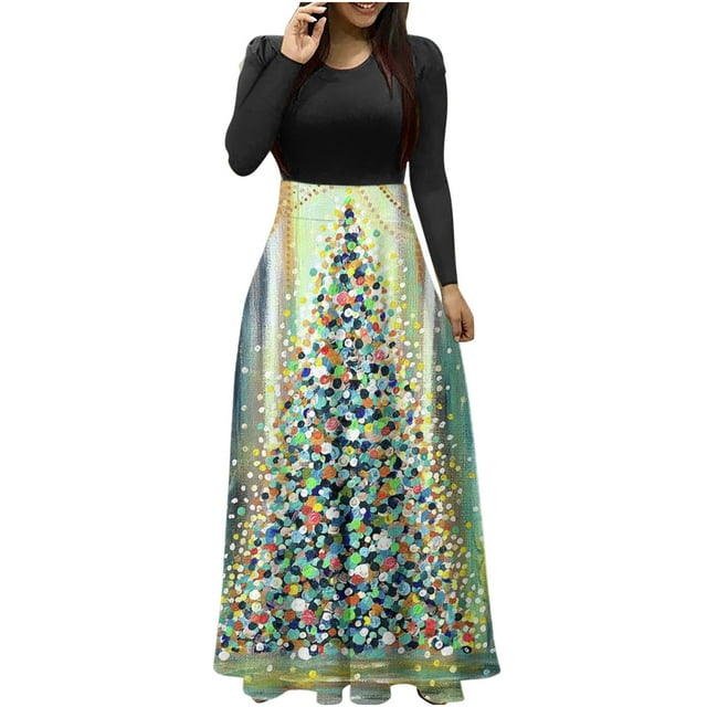 Robes pour Femmes 2022 Noël Col Rond Manches Longues Patchwork Imprimé Robe Longue Ligne A Robe d'Automne pour Dames