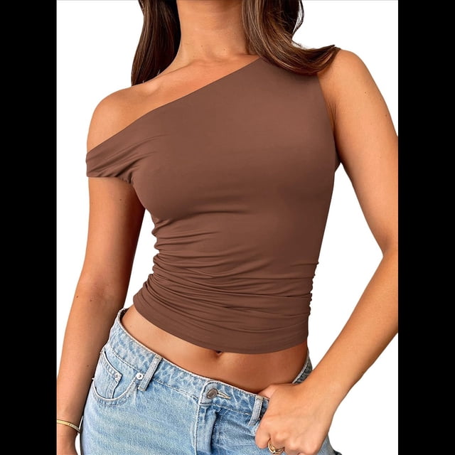 Tops de Verano con Hombros Descubiertos para Mujer, Camisetas para Salir, Top Corto Sin Mangas, Ropa de Moda, Conjuntos de 2025 Color Café S