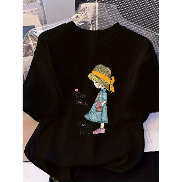 Women'S Casual T-Shirt with Chic "Nice quot; Cartoon Print - Short Sleeve, Loose Fit, Crew Neck, Lightweight & Breathable for Summer 2025, Ladies T Shirt