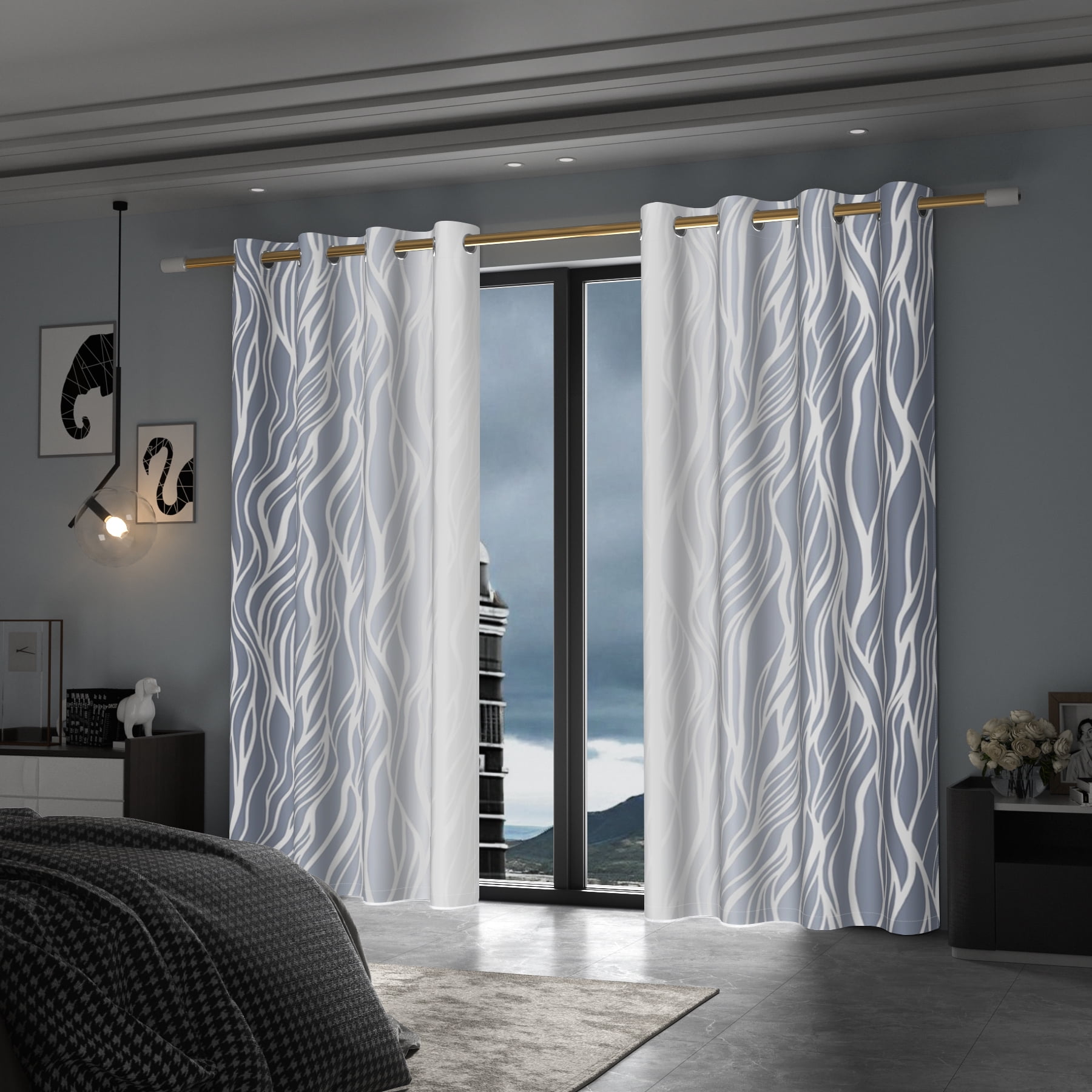 Lfeey Gradient Stripe Blackout Curtains, Grommet Curtains for Modern Living Room Bedroom, Gray White, 42x72 inch