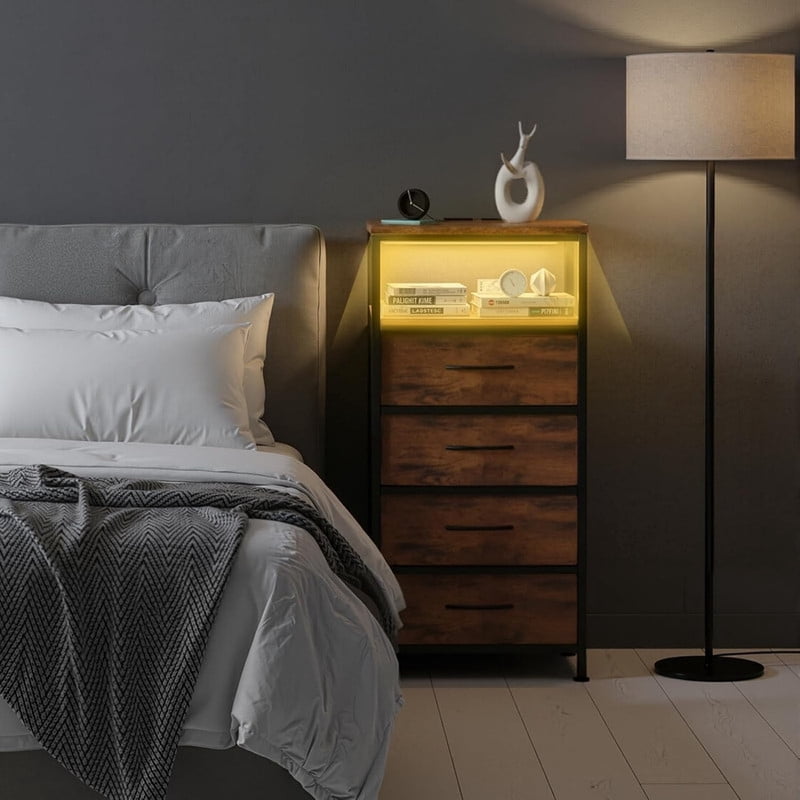Kelno Nightstand with Charging Station Variable LED Strip End Table with 4 Fabric Drawers USB TypeC Outlets,Rustic Brown