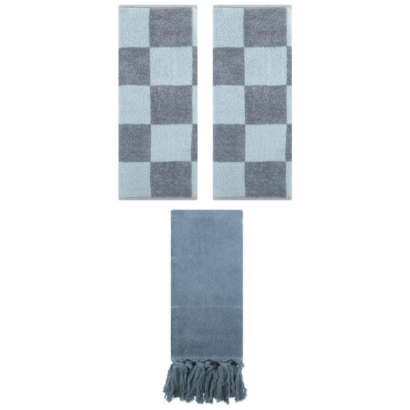 Unique Bargains 3 Pack Checkered and Tassels Absorbent Soft Cotton Bathroom Hand Towel Blue/Grey 14" x 30"/14" x 28"