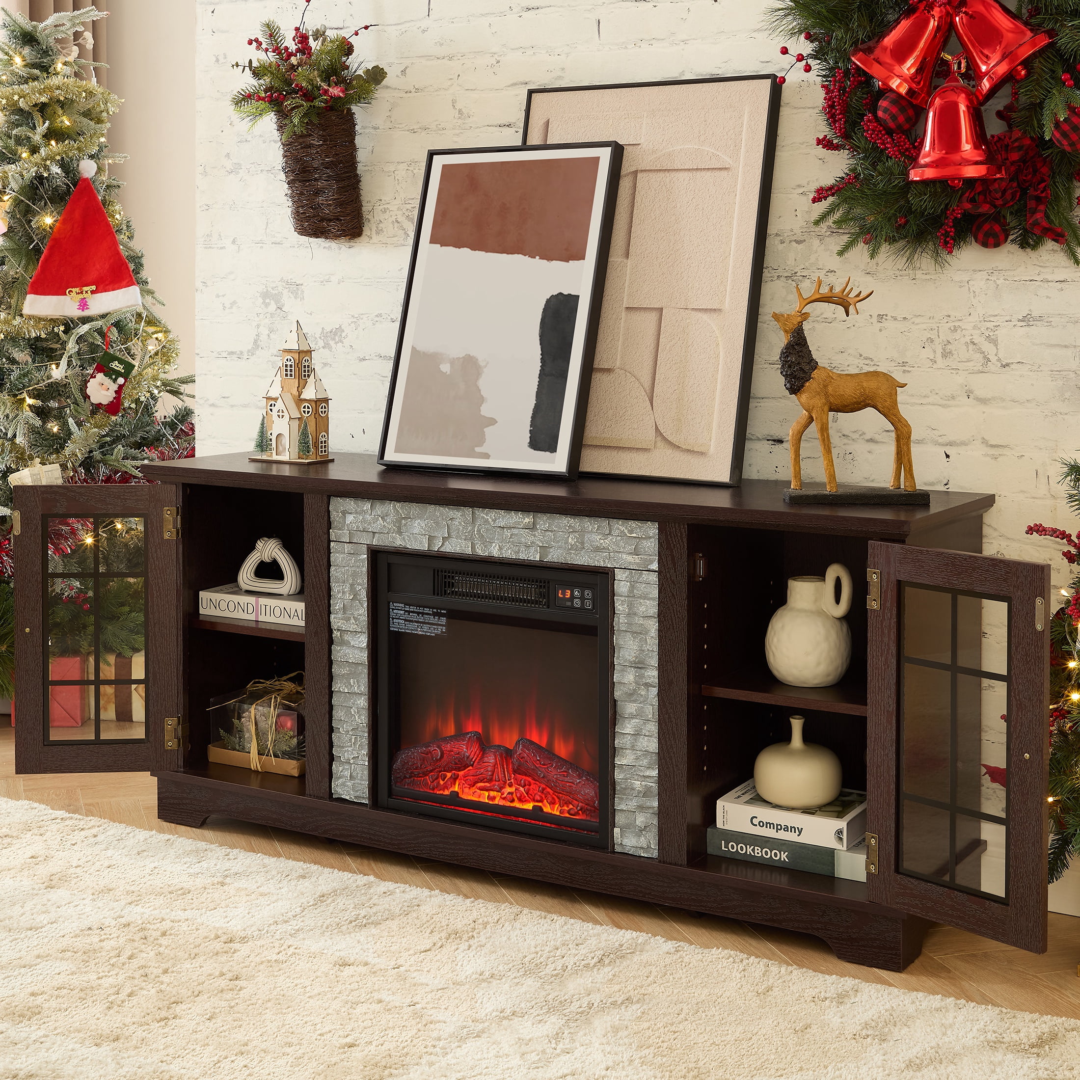 Electric Fireplace TV Stand for 65″ TVs, UHOMEPRO Fireplace Entertainment Center TV Console Table with 18″ Fireplace, 2-Door Storage Cabinets, Holds up to 200 lbs, Cherry
