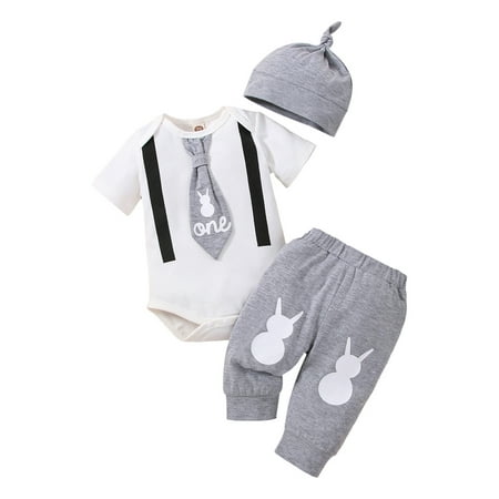 

Emmababy Easter Newborn Baby Three Piece Set Suit Tie Decor Lettering Romper Elastic Waist Pants Matching Hat