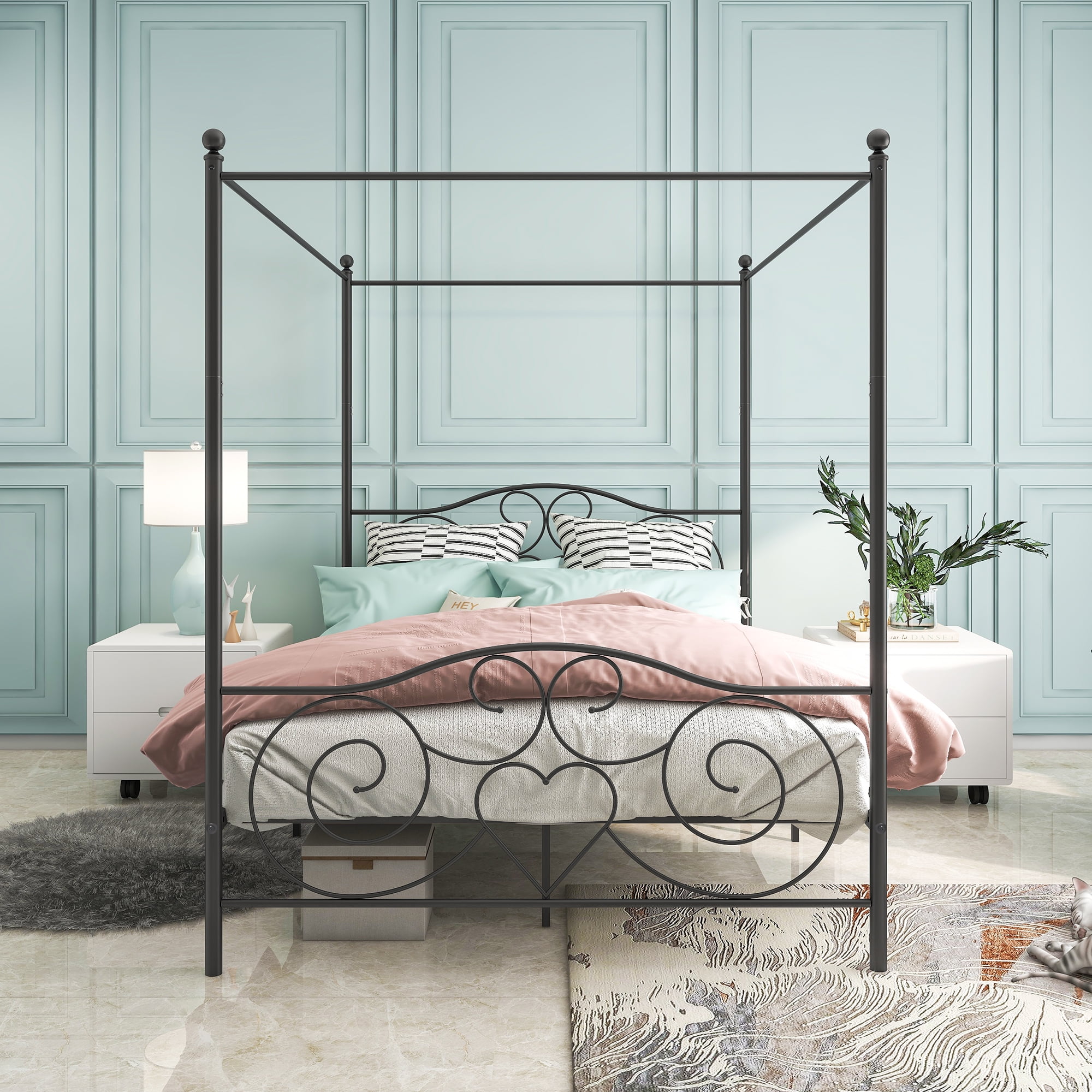 MAYEERTY Black Metal Queen Canopy Bed Frame: Exquisite Vintage Styling with Headboard & Footboard, Easy DIY Setup​