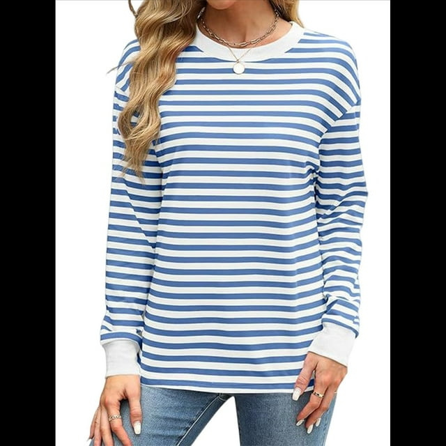 Tops Tipo Túnica para Mujer, Camisas A Rayas de Larga, Tops de Cuello Redondo Azul S