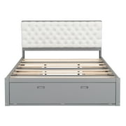 Euroco Wood Queen Platform Bed with Storage Headboard, Drawer and Shoe Cabinet for Living Room, Gray